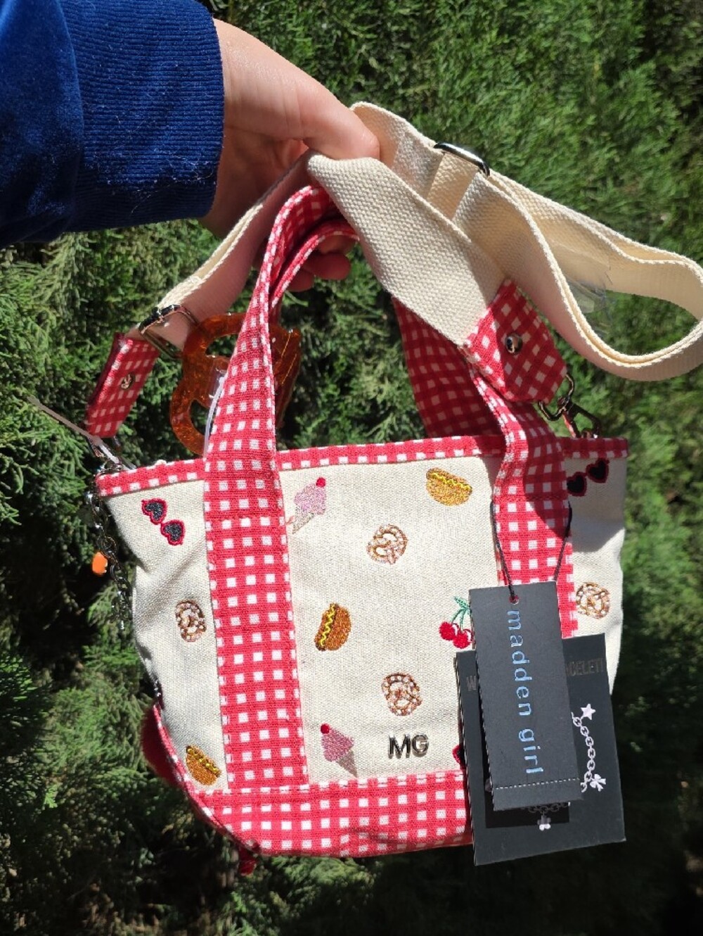 Stylish Red Gingham Tote with Cherry & Sweets Embroidery - Picture 2 of 10